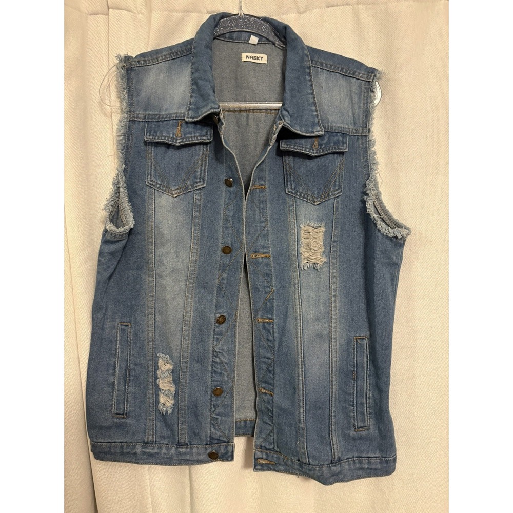 NASKY Denim Vest Mens Medium Blue Sleeveless Grunge Frayed Jean Jacket Biker